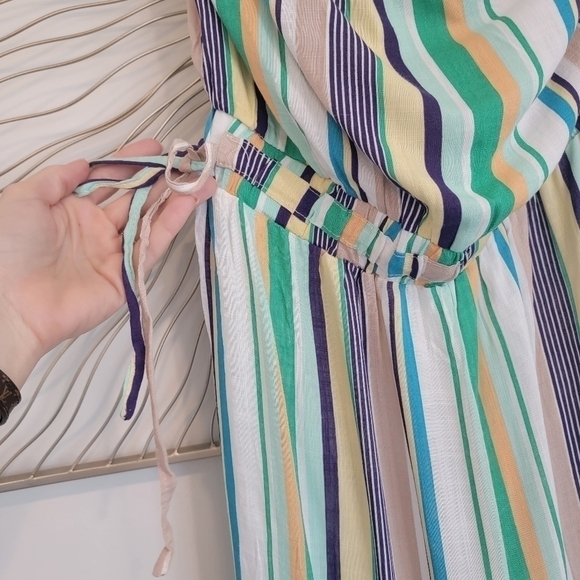 Anthropologie Le Lis Green Blue Striped Strapless Wide Leg Jumpsuit Pantsuit - Picture 14 of 16